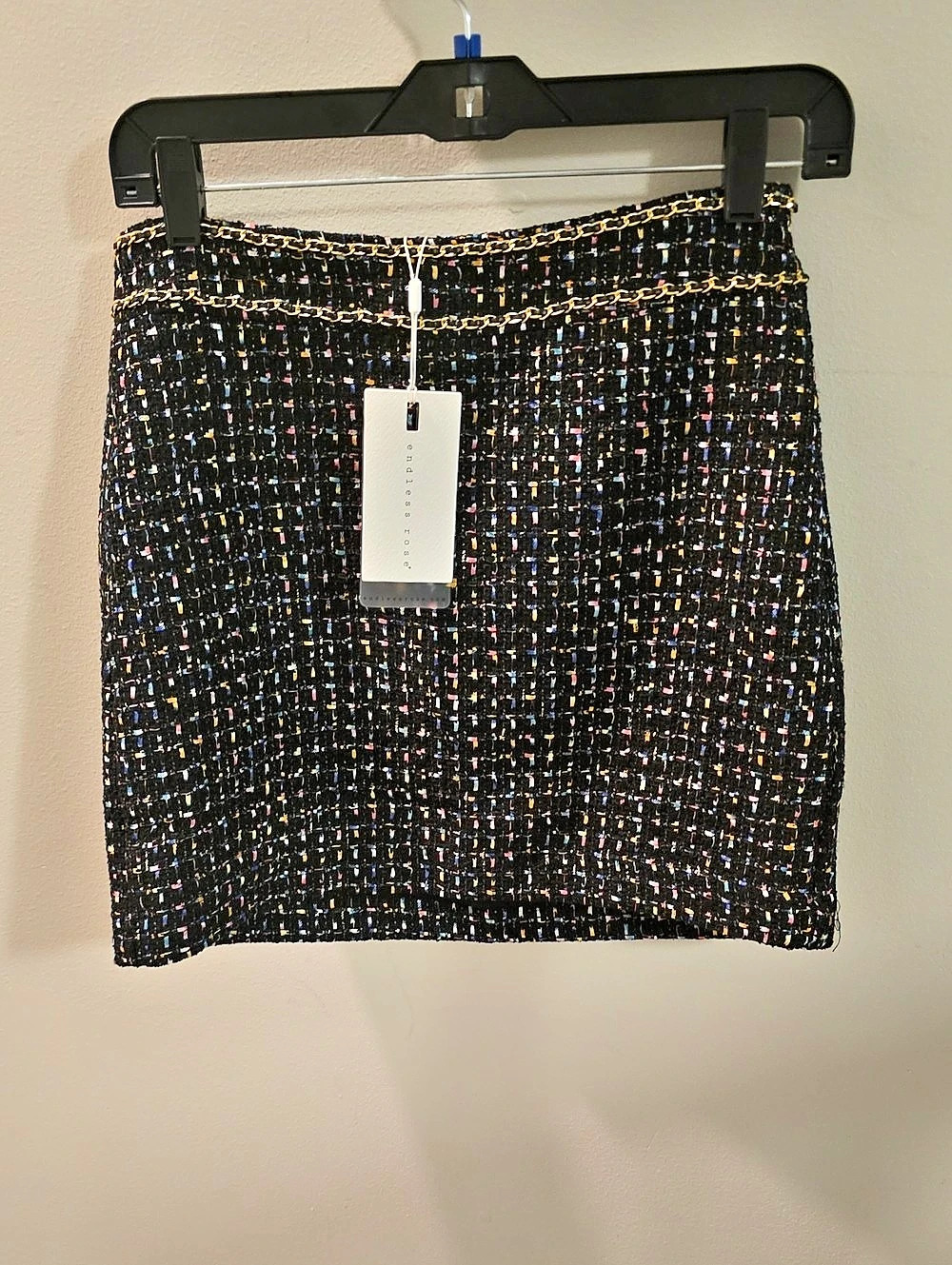 Endless Rose Chain-Trimmed Tweed Mini Skirt Black & Gold